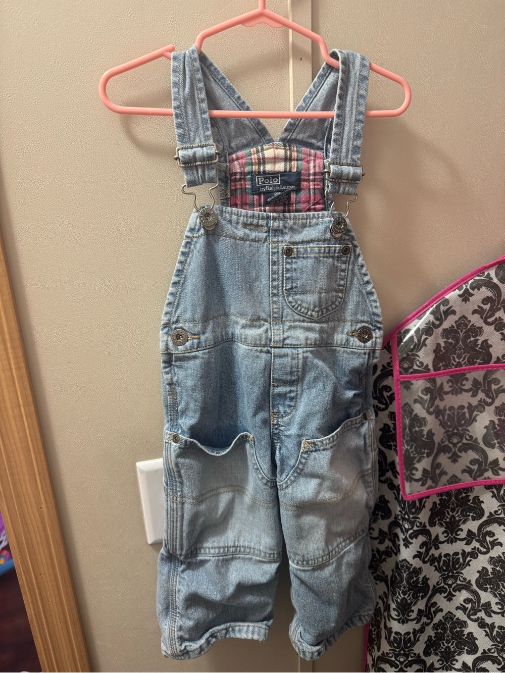 Ralph Lauren Light Wash Denim Overalls with Pink Plaid Bib